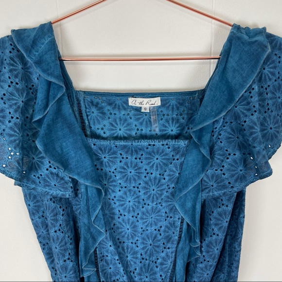 On The Road Blue Acid Wash Eyelet Ruffle Boho Hippie Top - Picture 2 of 8